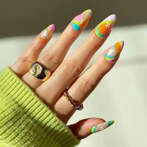 24 Pcs Press On Nails Colorful Swirl Flower Almond Shape